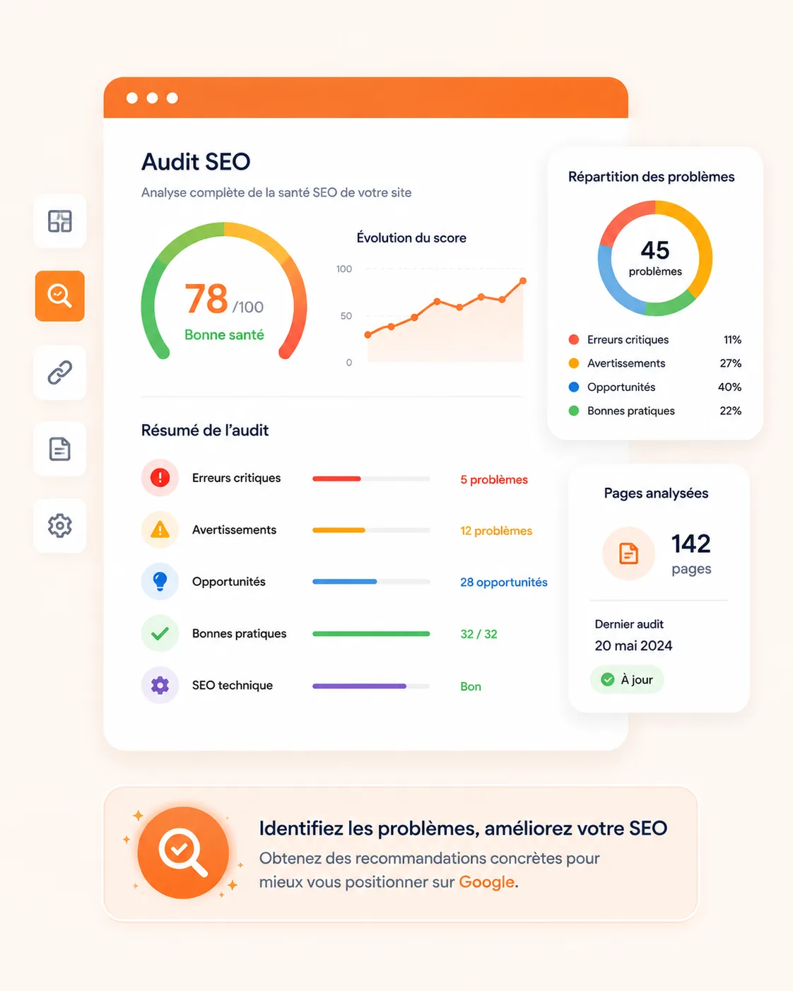 Tableau de bord audit SEO complet GoMySeo — score technique, balises meta, Core Web Vitals et recommandations personnalisées